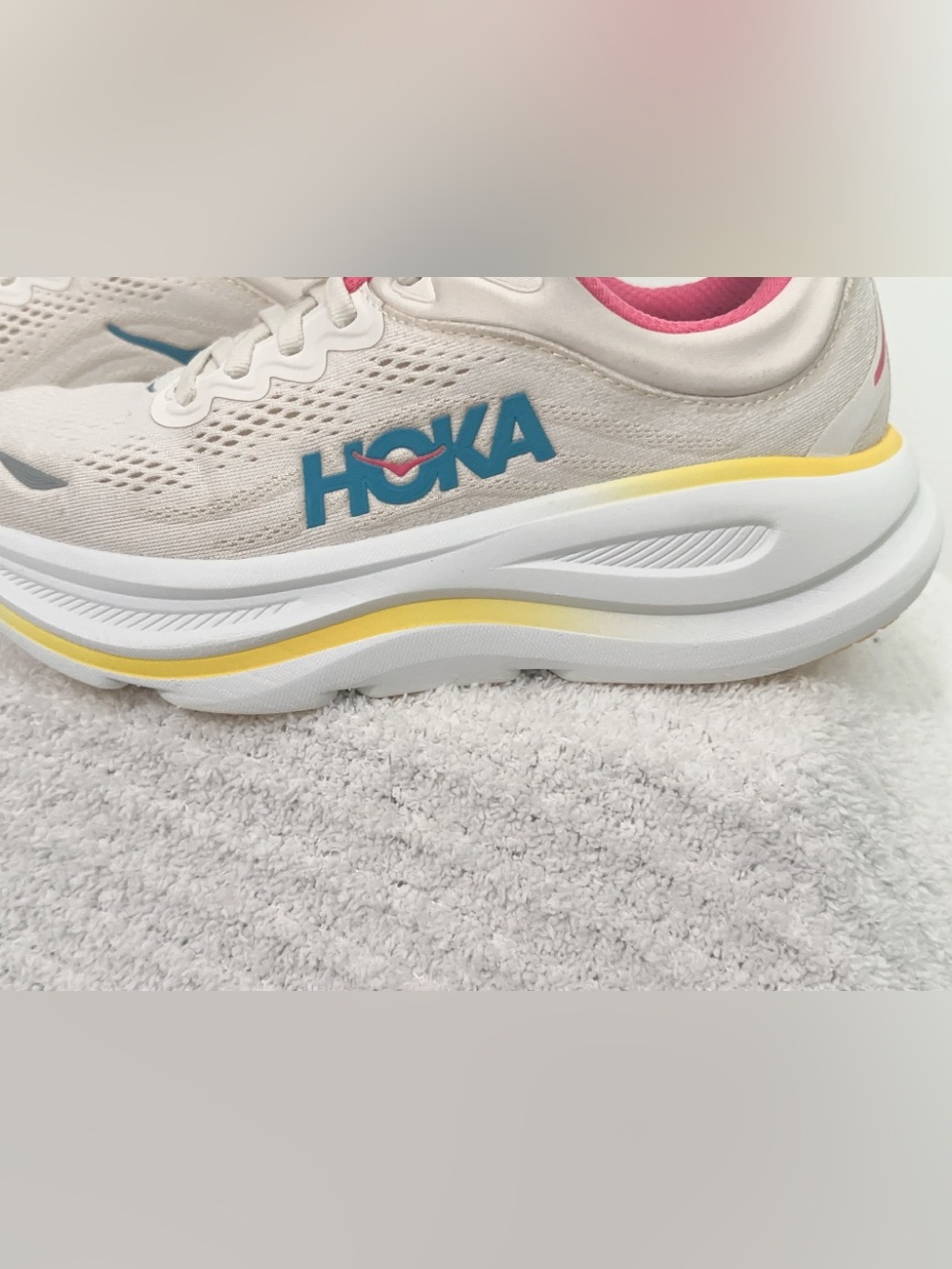 Hoka Women's Bondi 9 Running Shoes — Cream with Pink, Yellow & Teal Accents - Picture 5 of 16